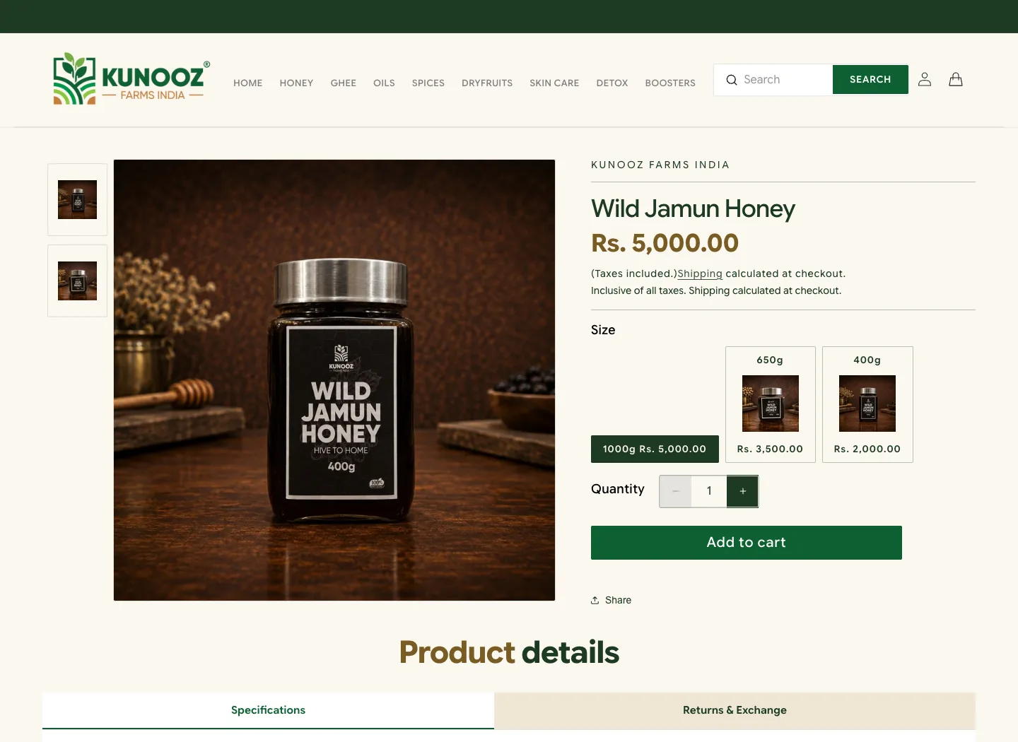 The Kunooz Farms store, a product page for Wild Jamun Honey