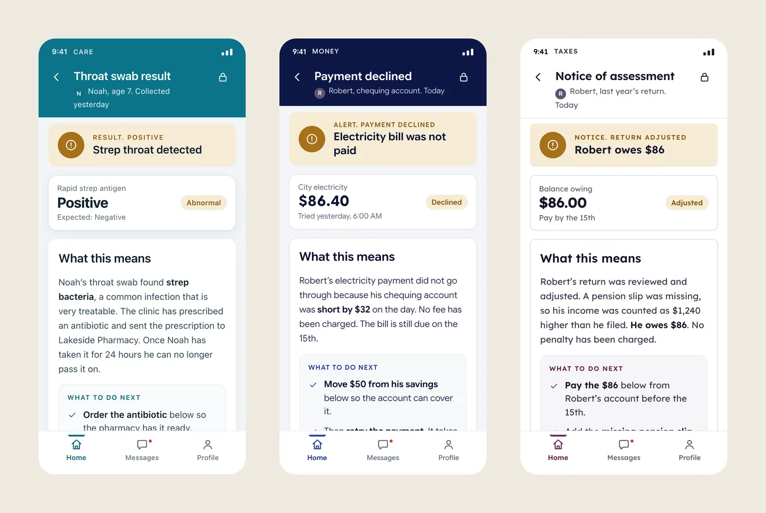 The record screen three times: a throat swab result, a declined payment and a notice of assessment. Each one opens with a plain-words banner, then the key figure, Positive, $86.40 or $86.00, then What this means, What to do next, one main button and the detail collapsed