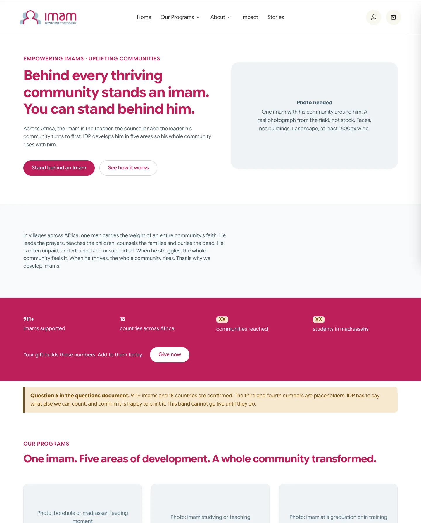 The top of the new home page in progress: a white header, a pink headline with one pink button and one outlined button, a grey placeholder where a photo will go, a pink band of four stats, and the start of the programmes section