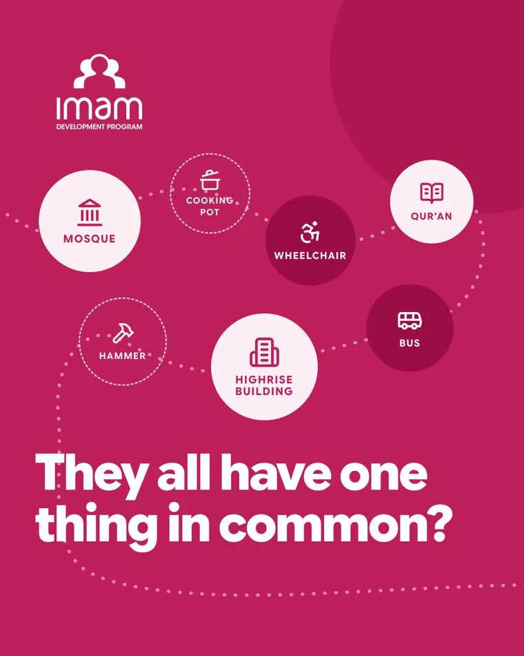 A portrait social post on IDP pink: seven icon circles for a mosque, cooking pot, wheelchair, Qur’an, hammer, highrise building and bus, joined by a dotted path, with the headline “They all have one thing in common?” and the IDP logo top left