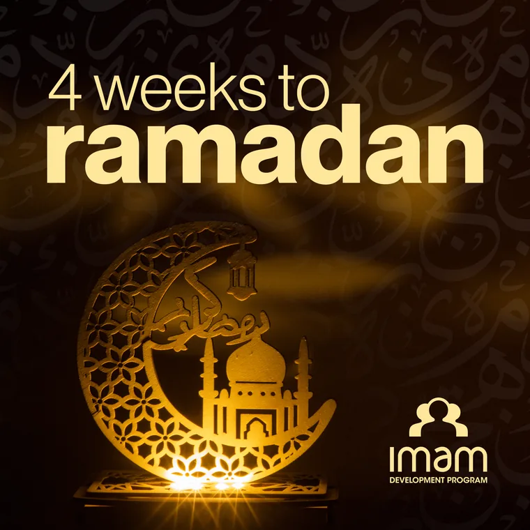 A square social post reading “4 weeks to ramadan” in yellow condensed type over a photo of a lit wooden crescent and mosque on a dark background, with the IDP logo in the corner