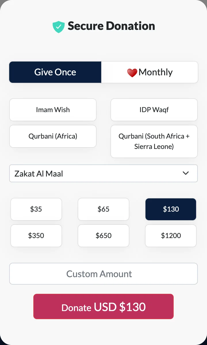 The form side of the live donation window: Give Once and Monthly, four programme buttons, a dropdown for more programmes, six amounts from 35 to 1200 dollars, a custom amount field and a Donate button