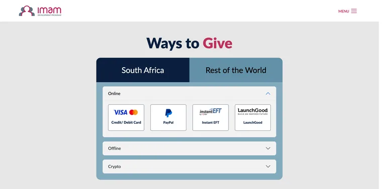 The old Ways to Give page: a large heading, two tabs for South Africa and Rest of the World, an open Online section with four payment logos, and closed Offline and Crypto sections