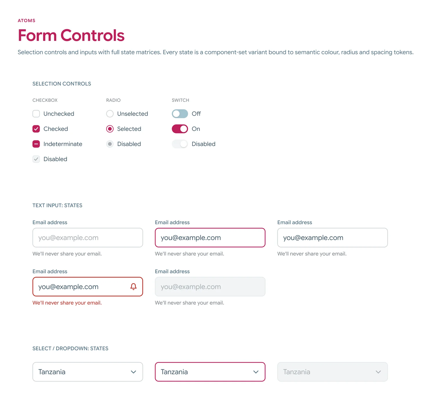Form controls: checkboxes, radio buttons and switches in each of their states, a text input shown as default, focus, filled, error and disabled, and a dropdown shown as default, focus and disabled
