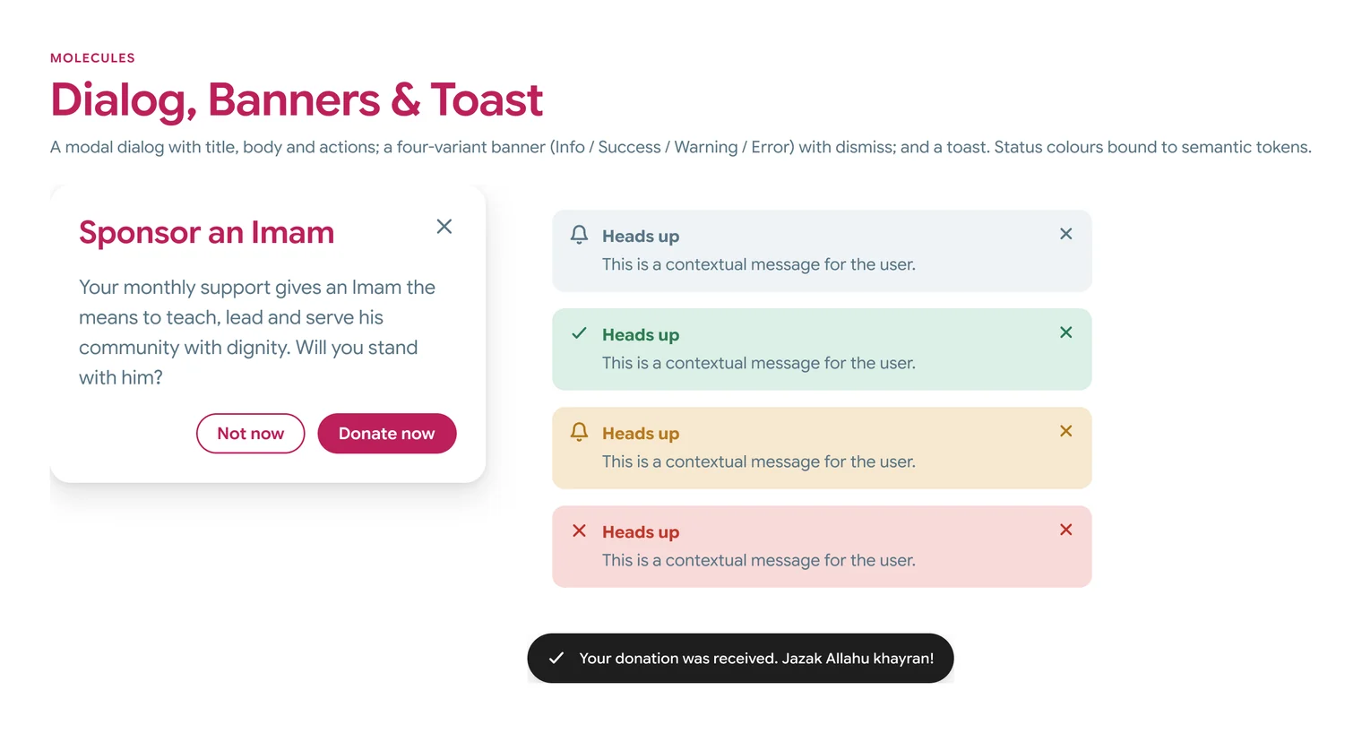 A Sponsor an Imam dialog with Not now and Donate now buttons, four banners for info, success, warning and error, and a dark toast that reads Your donation was received