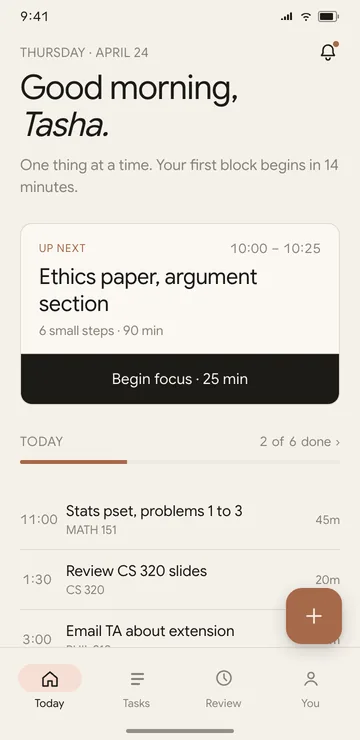 The Timeey Today screen, showing one task card up next and the rest of the day below it